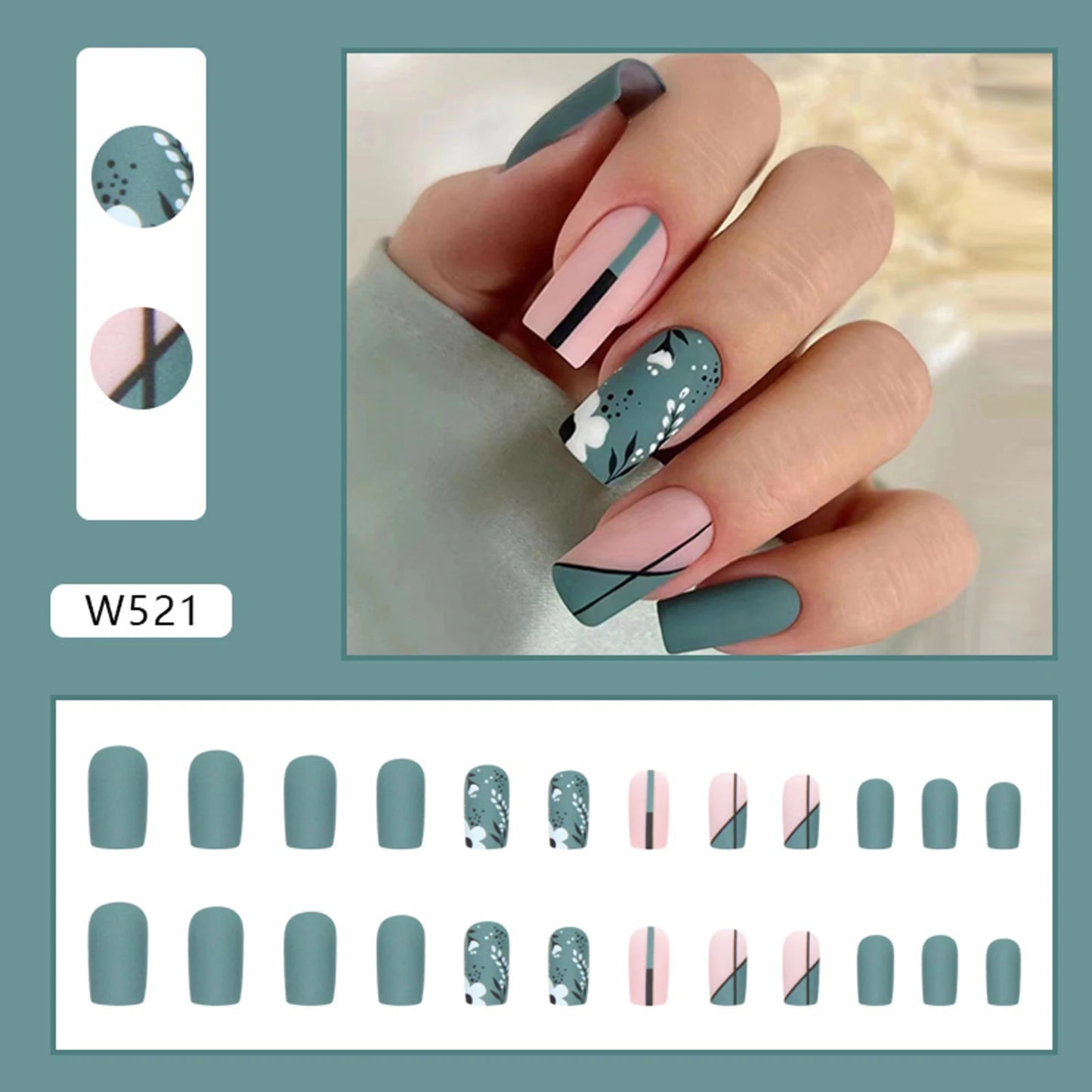 24pcs false nails matte Green Nails Patch with glue Removable Long Paragraph Fashion Manicure press on Nail tips