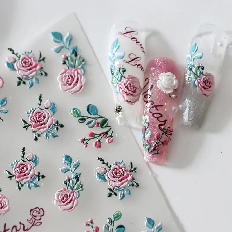 Ddbos Acrylic Engraved Nail Sticker Big Pink Flowers Green leaf Self-Adhesive Nail Transfer Sliders Wraps Manicures Foils