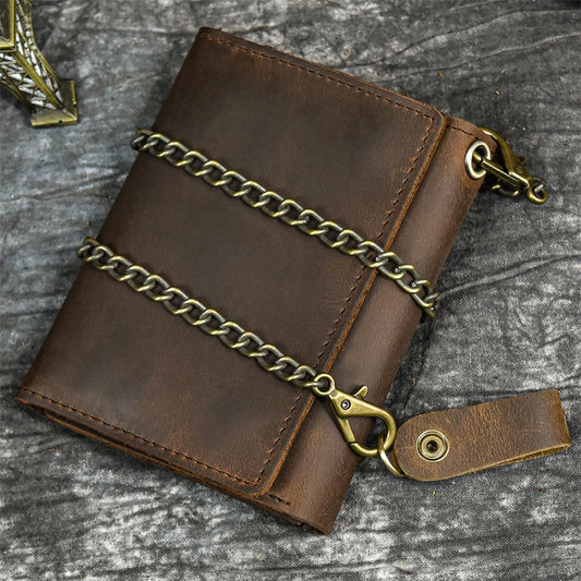 Ddbos Men Genuine Leather Short Wallet With Chain Zipper Clutch Wallets Male Short Trifold Purse Card Holder Change Coin Purse