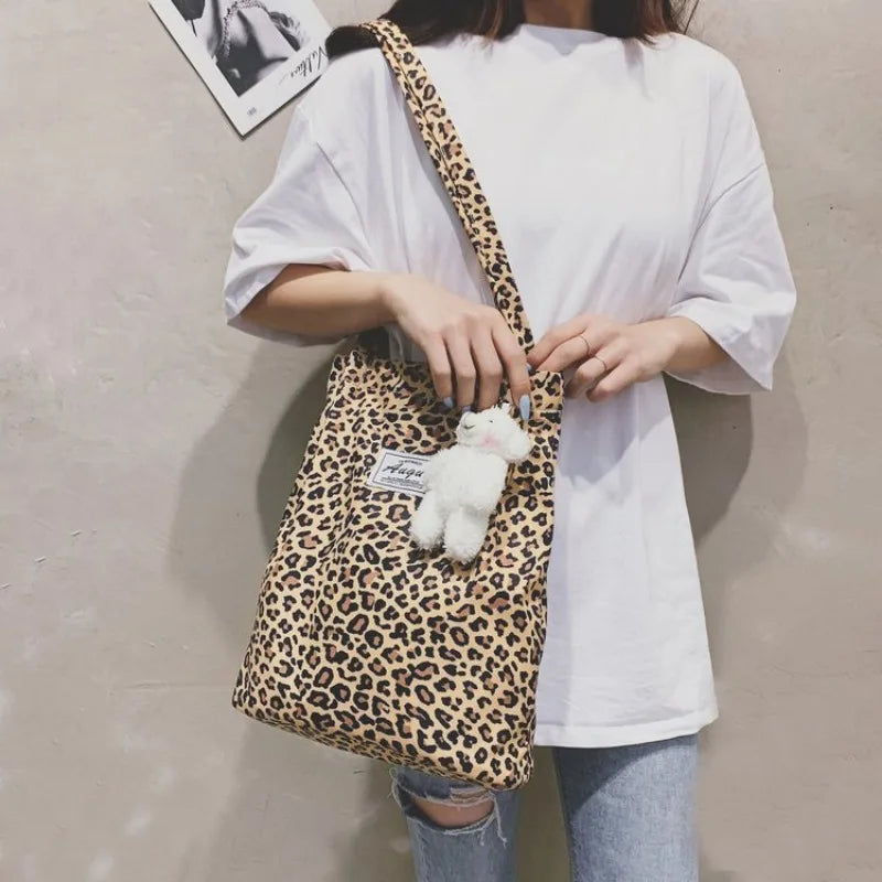 Ddbos BACK TO SCHOOL Korean Chic Big Casual Tote Bag Leopard Shoulder Bag Ladies Canvas Bag New Shopping Bag Student Print Handbag Bolsa Mujer