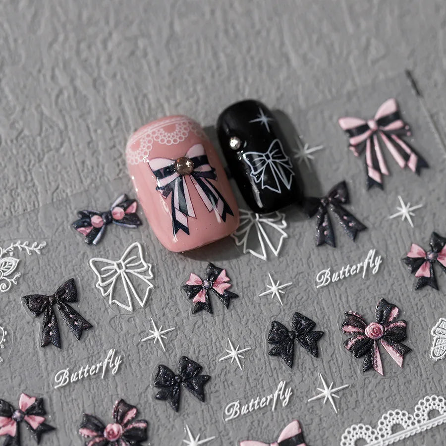 Pink Black Bowknot Retro White Lace Rose 5D Embossed Reliefs Self Adhesive Nail Art Stickers Vintage Manicure Decals Wholesale