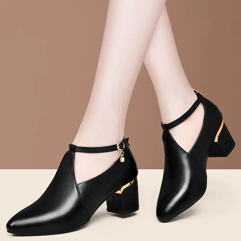 Ddbos Women Fashion Black Pu Leather Office Square Heel Pumps Lady Casual Sweet Light Weight Comfort Spring Summer Heel Shoes