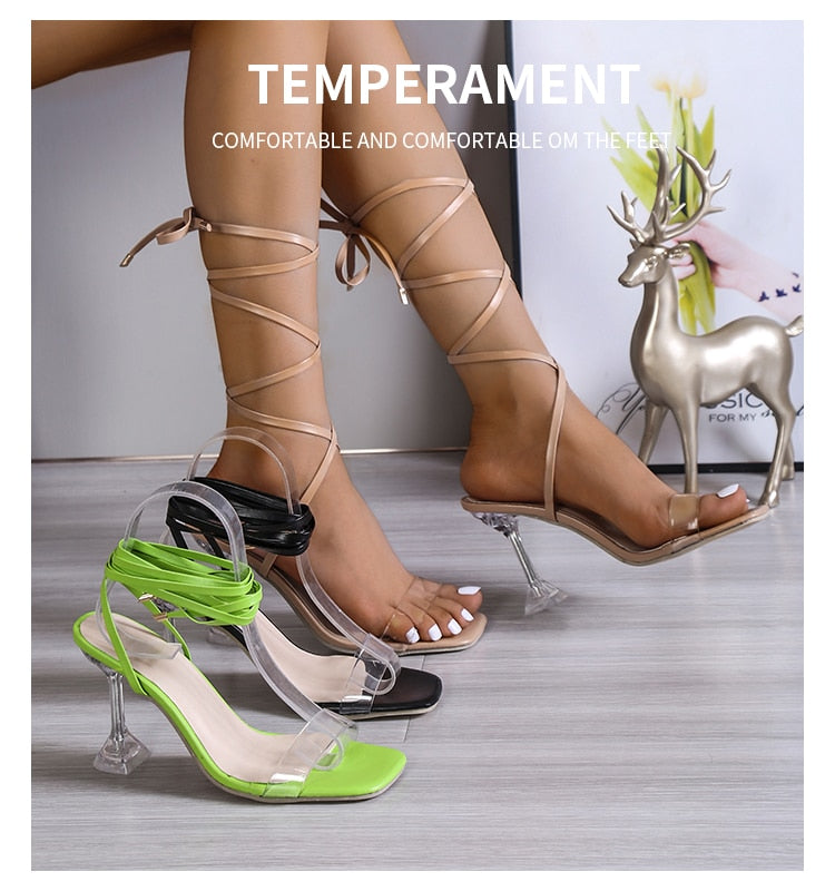 Ddbos Sandals Woman Summer Green Square Toe Stiletto Sandals With Ties Outdoor Transparent Shoes Luxury Sexy Heels