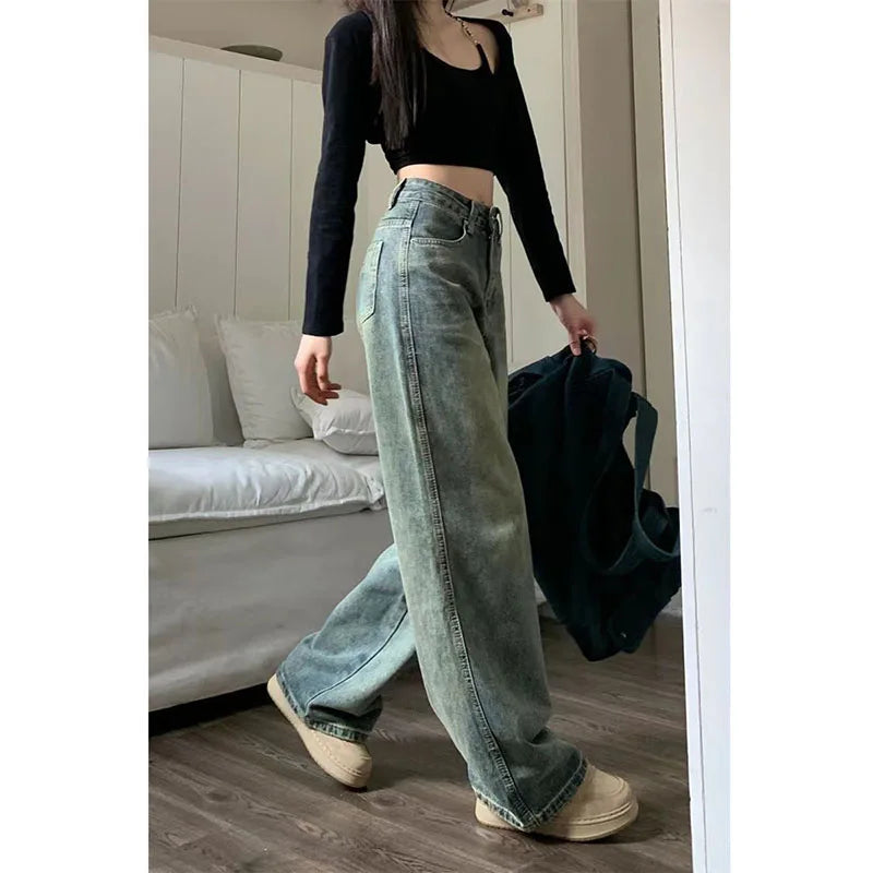 Ddbos Vintage 90S Baggy Straight Denim Trousers Female Y2K High Waist Loose Wide Leg Jeans Women Streetwear All-Match Casual Pants New