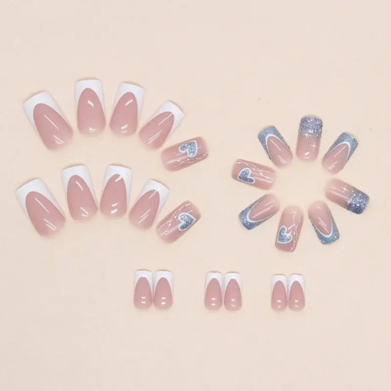 24 PCs Short French Pop Heart Nails