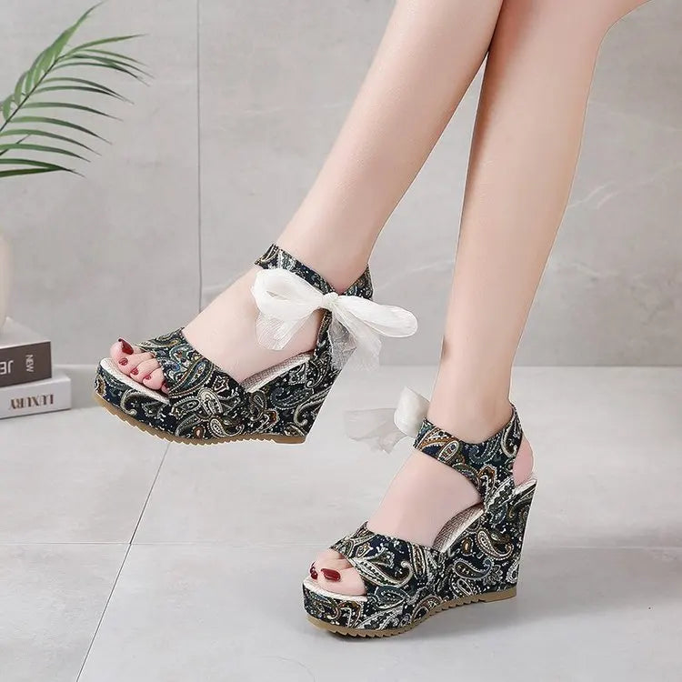 Ddbos Summer Beach Boho Floral Wedge Sandals Women Ankle Strap Platform Gladiator Shoes Woman High Heels Sandalias Mujer