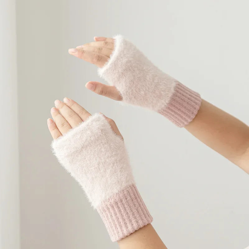 Ddbos Mink Fleece Soft Winter Half Finger Gloves Women Warm Luxury Solid White Plush Knitted Fingerless Gloves Wrist Mittens Writting