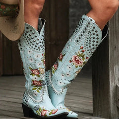 Ddbos New Flower Embroidered Rivet Western Cowboy Boots Women Pointed Toe Square Heels Vintage Knight Boots Cowgirl Boots Shoes