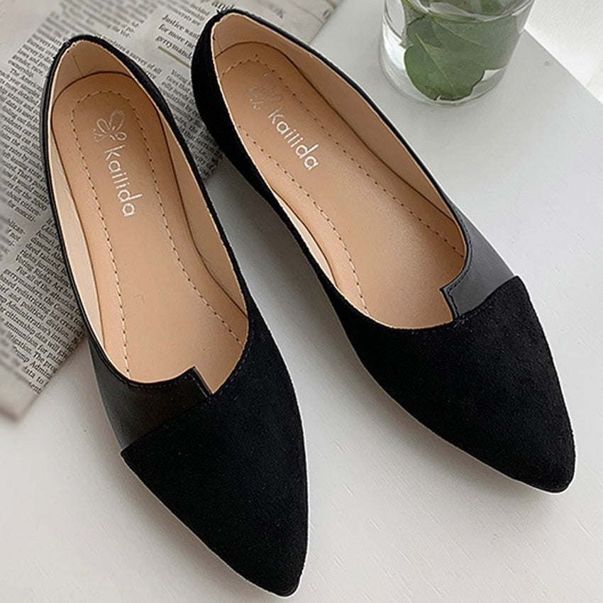 Leather Shoes Splice Color Shoe Ballerina Slip on Shoes Women Flats Fashion Pointed Toe Ballet Footwear Buty Damskie