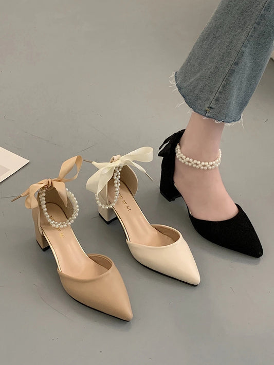 Ddbos Beige Heeled Pump 2024 Women's Shoes Closed Toe Black High New Comfort Retro Block Pearl Clear Spring Girls Solid PU Pumps Co