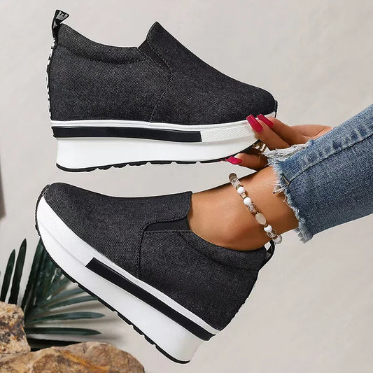 Ddbos Women's Denim Wedges Heel Fashion Round Toe Sneakers Ladies Daily Casual Shallow Mouth Non-Slip Walking Women's Vulcanised Shoes