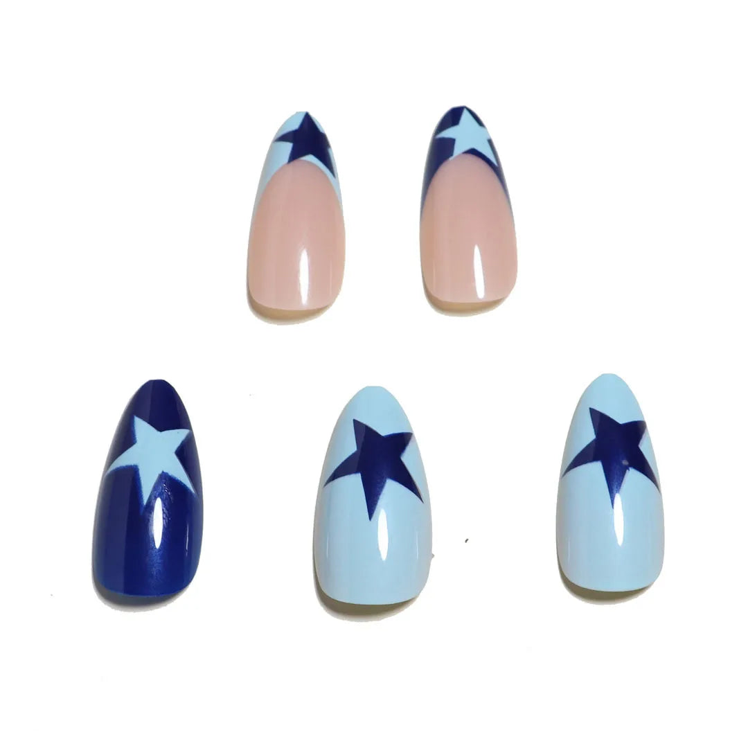 Ddbos 24PCS Stars Y2k Nail Stickers Blue French Fake Nails Press On Long Almond Shape Designs False Nails Finished Manicure Nail Tips