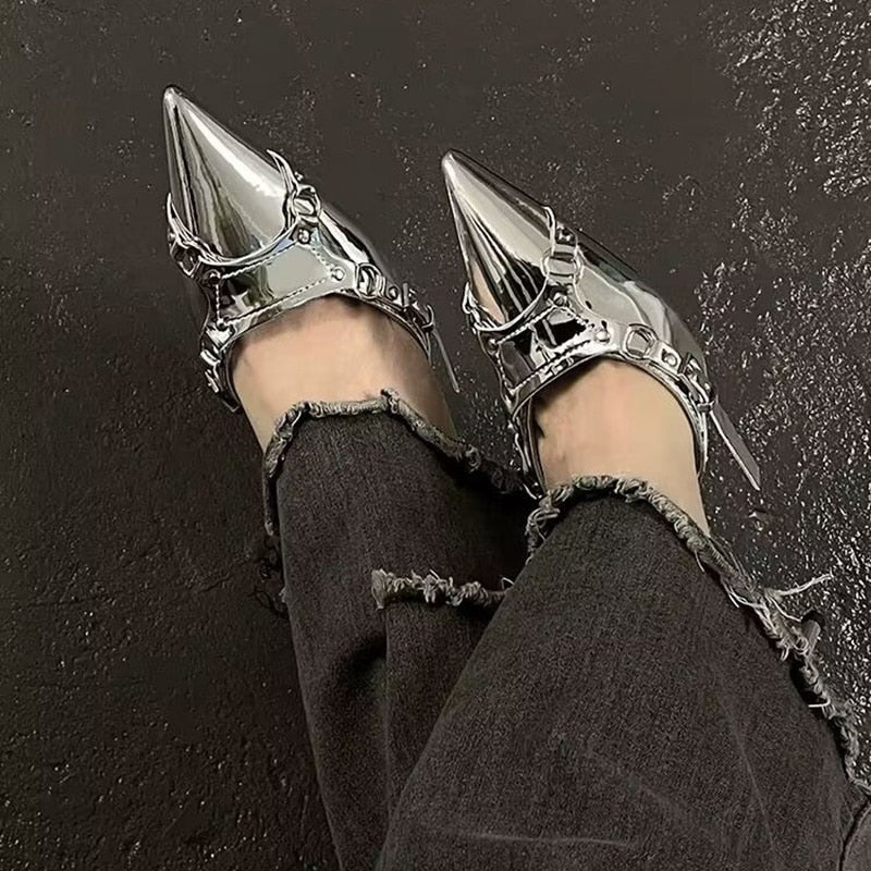 Ddbos Y2K Silver High Heels Sandals Women Summer Punk Goth Pointed Toe Party Shoes Woman Metallic Thin Heeled Dress Pumps Ladies