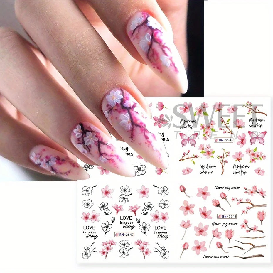 Ddbos 12pcs Pink Cherry Blossom Water Nail Sliders Winter New Year Sakura Floral Leaves Stickers DIY Charm Accessories Manicure Decor