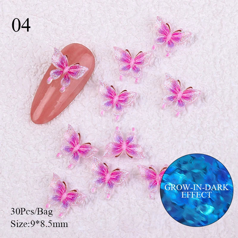 30/20Pcs Auroras White Butterfly 3D Nail Art Decoration DIY Colorful Nail Charms Manicure Glow in dark Nail Decoration Jewelry