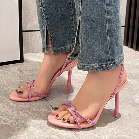 Pink High Heels Sandals Women Summer Crystal Ankle Straps Sandals Woman Plus Size 42 Thin Heeled Party Shoes