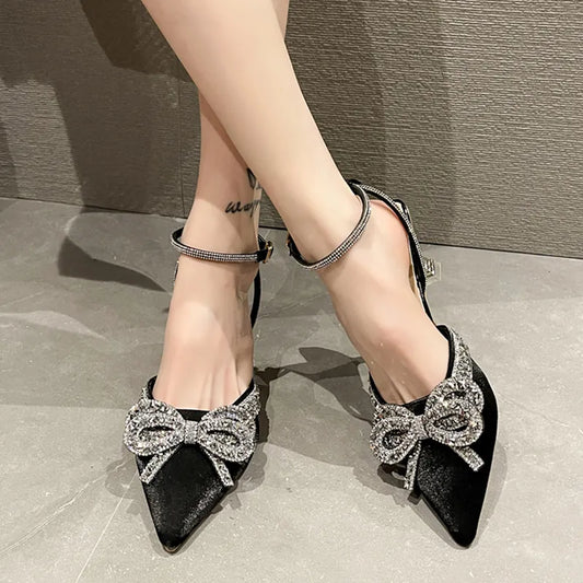 Ddbos Shiny Crystal Bowtie Pumps Women Fashion Ankle Strap High Heels Party Shoes Woman Summer Pointed Toe Sandals Mujer