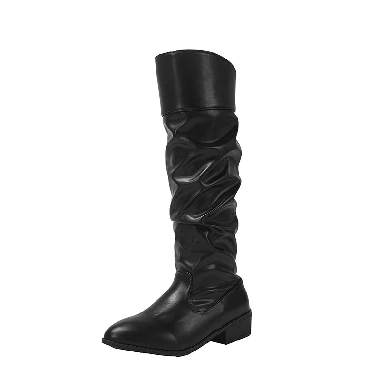 Ddbos Vintage Thick Heel Women Pleated Knee High Boots Fashion Slip On Shoes Autumn Winter Ladies Long Booties