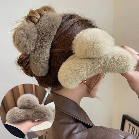 Ddbos Vintage Women Large Real Otter Rabbit Plush Hair Clip Korea Autumn and Winter Elegant Shark Claw Girl Sweet Hair Accessories