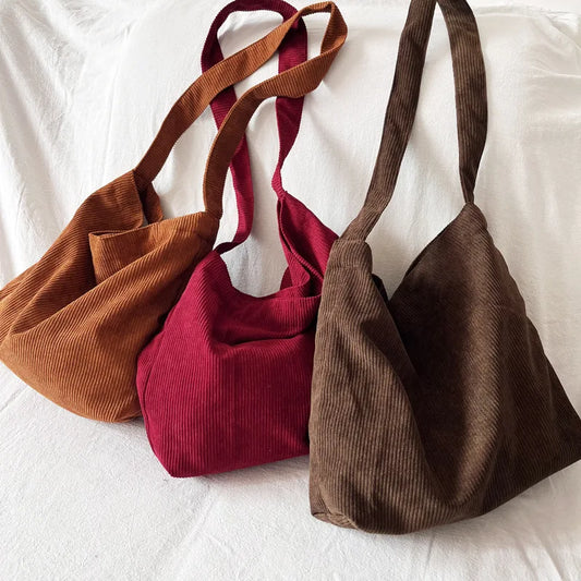 Retro Corduroy Women's Shoulder Bag Simple Large Capacity Female Casual Tote Crossbody Bags Solid Color Ladies Shopper Handbags
