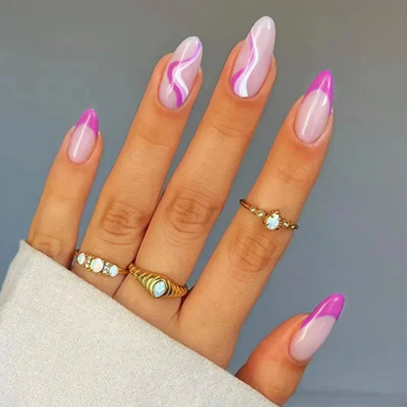 Ddbos 24Pcs French False Nails Almond Fake Nails with Glue Press on White Edge Design Wearable Simple Ins Pink Stiletto Nail Tips HOT