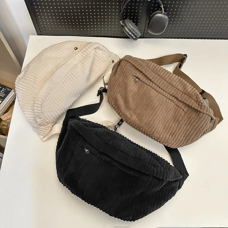 Ddbos BACK TO SCHOOL Large Capacity Waist Bag Women Shoulder Crossbody Bags Casual Fanny Pack Simple Phone Purse Corduroy Waist Bag Ladies Banana Bag