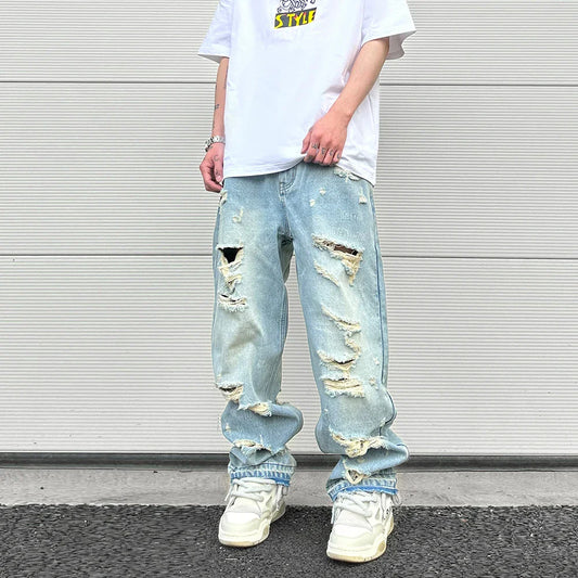 Ddbos Washed Blue Oversized Torn Jeans for Men Streetwear Hip Hop Large Destroyed Wide Leg Jeans Baggy Straight Ripped Denim Pants