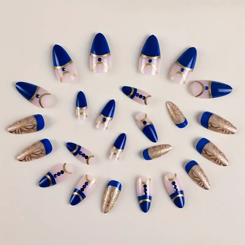 Ddbos 24pcs Mid-length Almond Shape Press On Nails, Blue Fake Nail With Rhinestone Decor, Glitter Full Cover Nails For Women