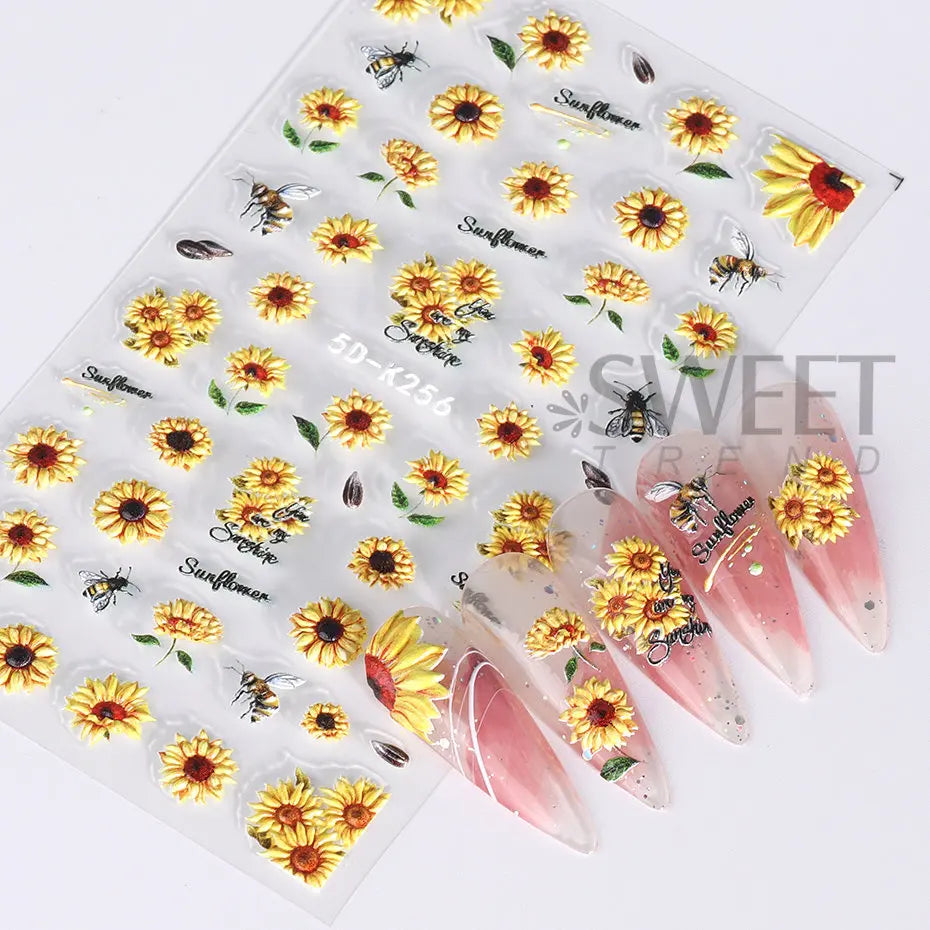 5D Yellow Sunflower Embossed Nail Sticker Acrylic Flower Leaf Bee Butterfly Summer Engrave Gel Polish Manicure Slider Decoration