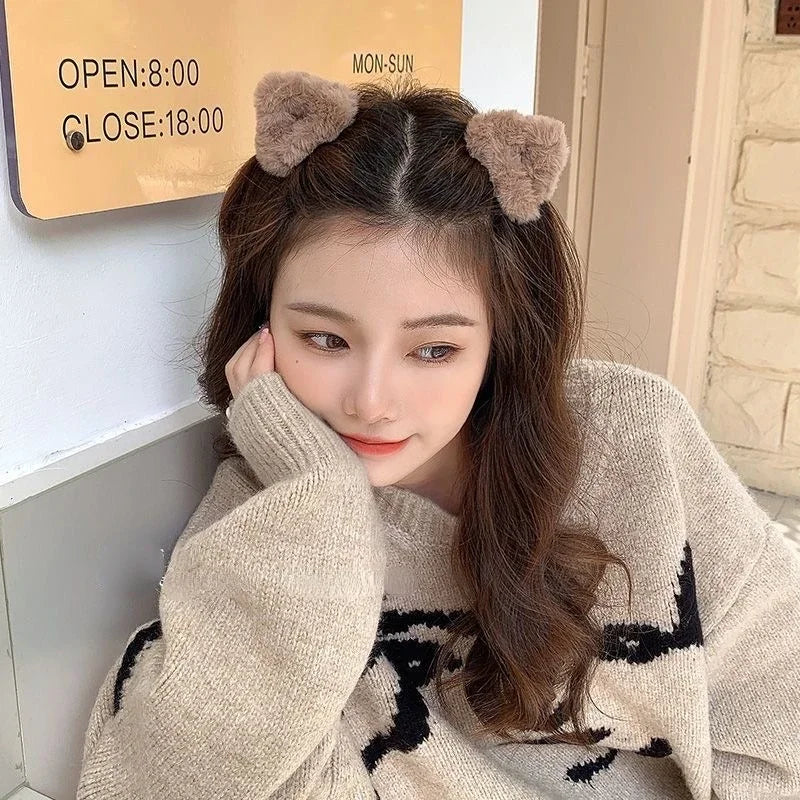 Ddbos Plush Cat Ears Hair Clips For Women Girls Lamb Cashmere Hairpin Forehead Bangs Clip Fluffy Children New Winter Hair Accessories