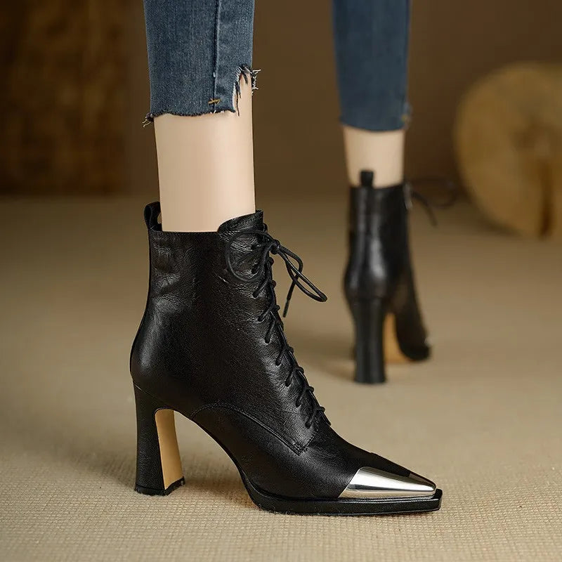 Ddbos 2024 Autumn Women Boots Square Toe High Heel Women Leather Shoes Women Suede Ankle Boots Winter Solid Elegant Modern Boots