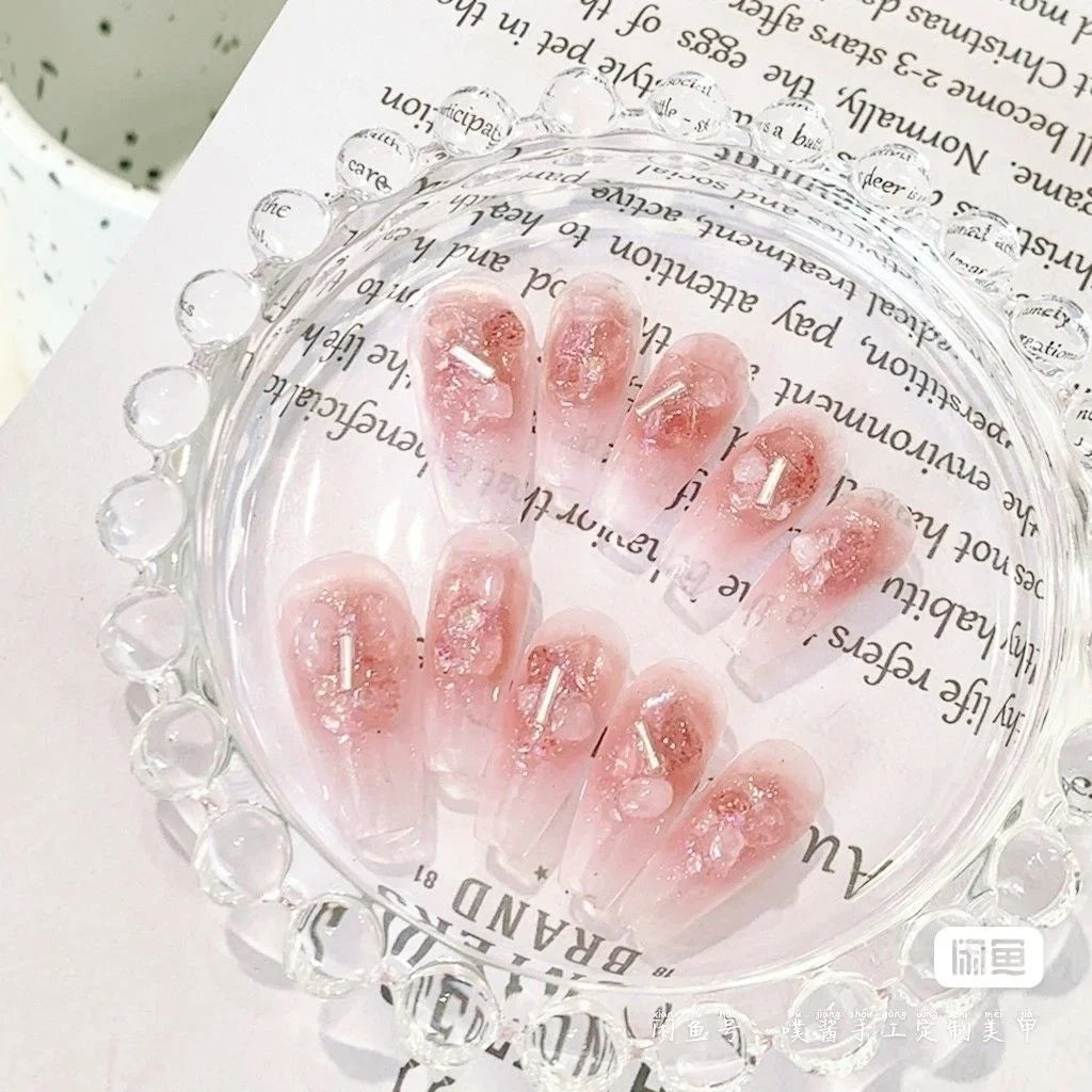 Pink Transparent Wear Nail Strawberry Crystal Nail Sweet Pink Fake Nails Nail Patch Handmade Nails