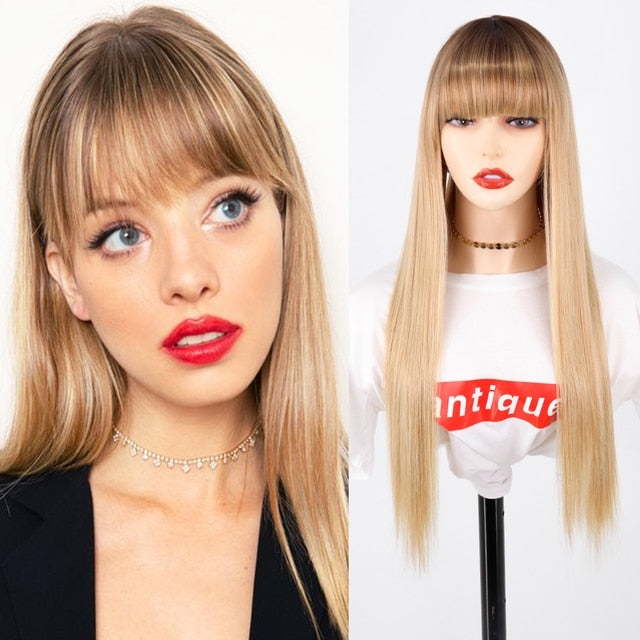 Ddbos Synthetic Blonde Wig with Bangs Short Wigs for Women Golden Wig Straight Bob Wig Natural Heat Resistant Wigs 11 Inches for Party