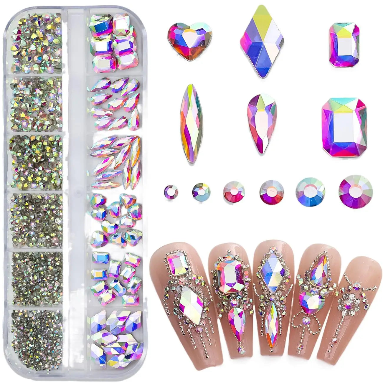 Ddbos 12 Grids Sparkle Translucent Colorful Mix Shapes Flatback Glass Diamonds Nail Art Rhinestones Jewel Decorations Manicure Charms