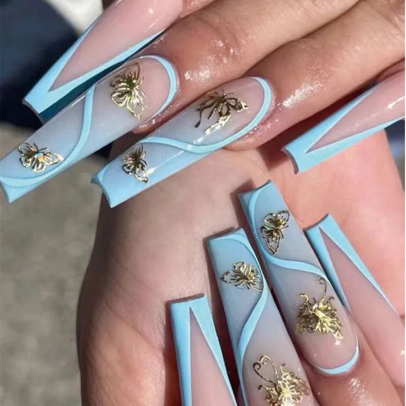 Ddbos 24Pcs Wearable Colorful Butterfly Designs French Press on Nails Long Ballet False Nails with Rhinestone acrylic Fake Nails tips