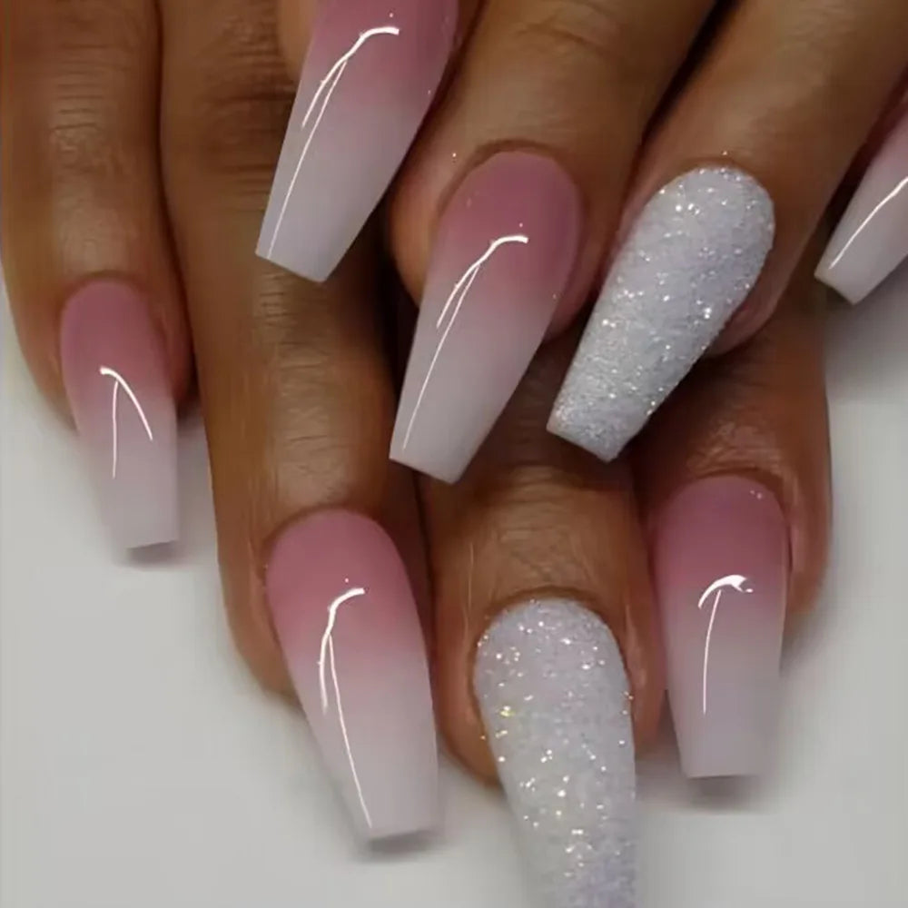 24Pcs Wearable False Nails with glue Long Ballerina Pink Press On Nails French Full Cover Coffin Fake Nails tip with rhinestones