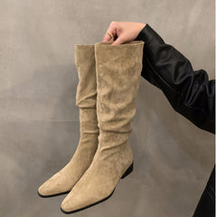 Ddbos Women Knee High Boots Autumn Winter Female Shoes Fashion Female Slip-on Folds Low Heel Pointed Toe Long Boots Botas De Mujer