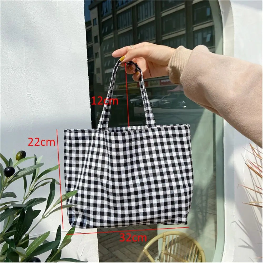 Ddbos Travel Grocery Tote Bags Portable Japanese Style Cotton Lunch Bag Plaid Handbag Kids