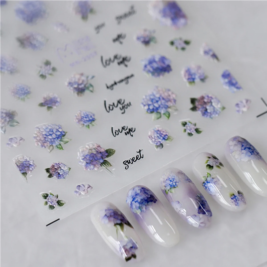 Ddbos 1pcs 5D Embossed Kawaii Flower Nail Art Stickers Beatuy Purple Hydrangea Self-adhesive Transfer Nail Decoration Slider Decal DIY