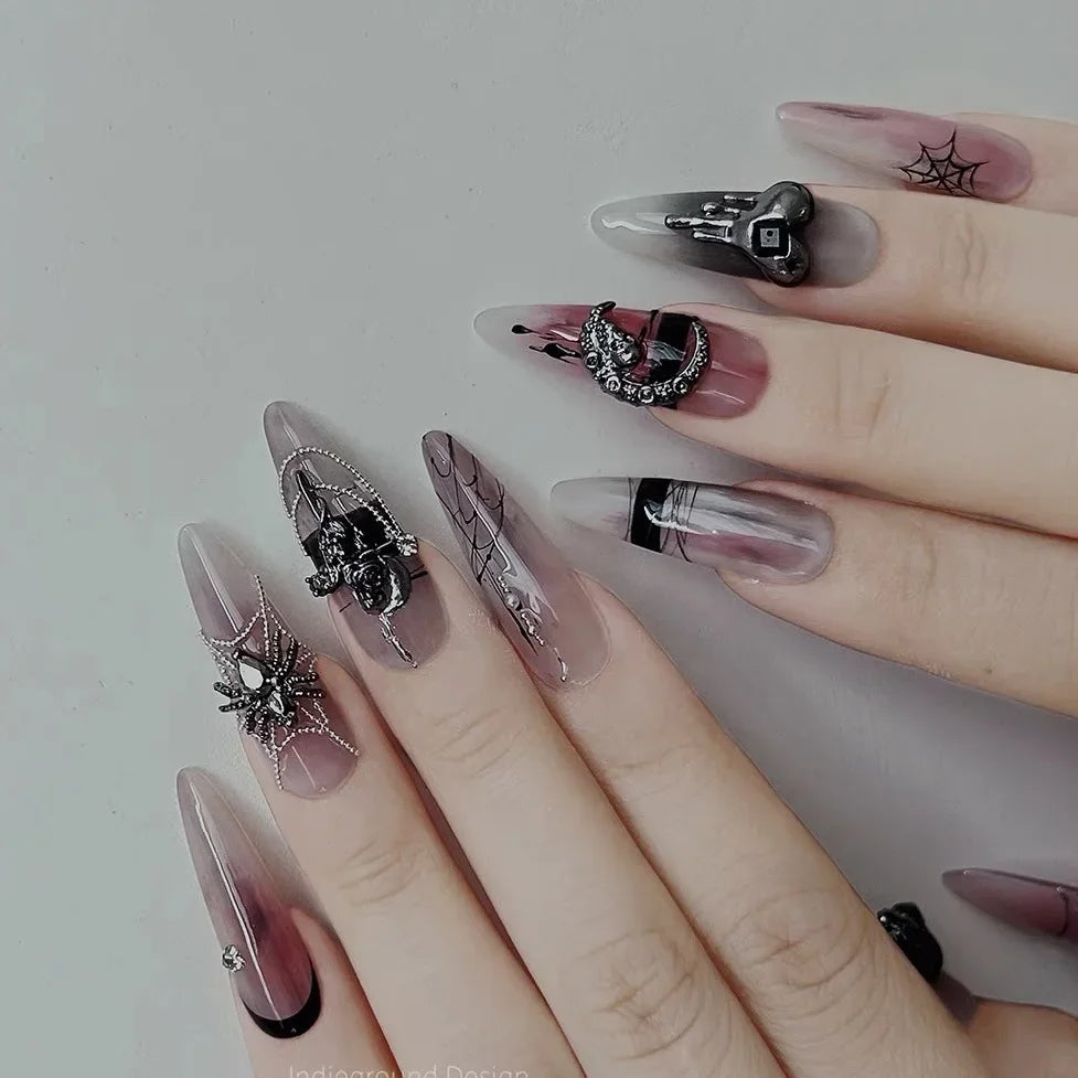 Ddbos 10pcs detachable long stilette ballet false nails with punk gothic designs y2k hot girl full cover artificial press on nail long