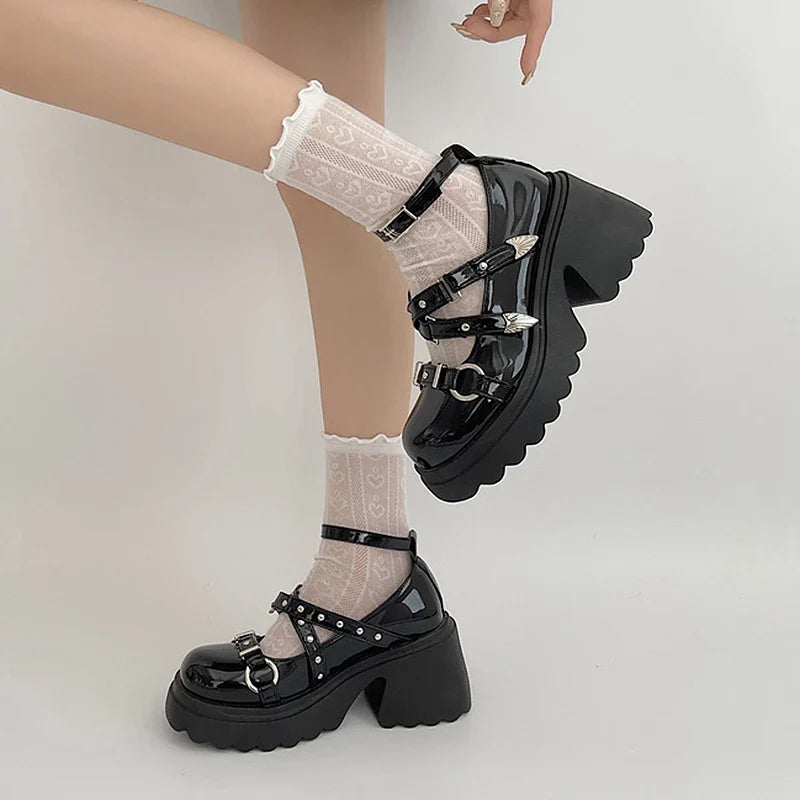 Ddbos Punk Gothic Chunky Platform Pumps for Women Ankle Strap Thick Heeled Mary Jane Shoes Woman Y2K Metal Rivets Lolita Cosplay Shoes