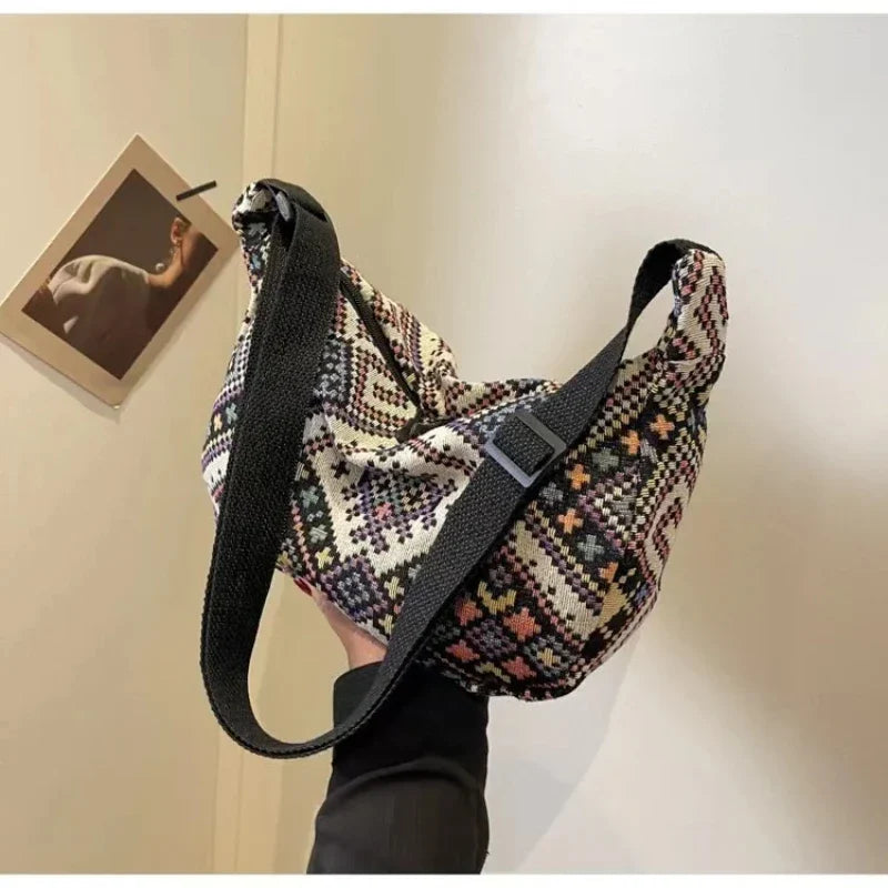 Ddbos Female Shoulder Messenger Bag Trend Bag Simple Zipper Handbags Ethnic Style Canvas Shoulder Small Tote Woven Beach