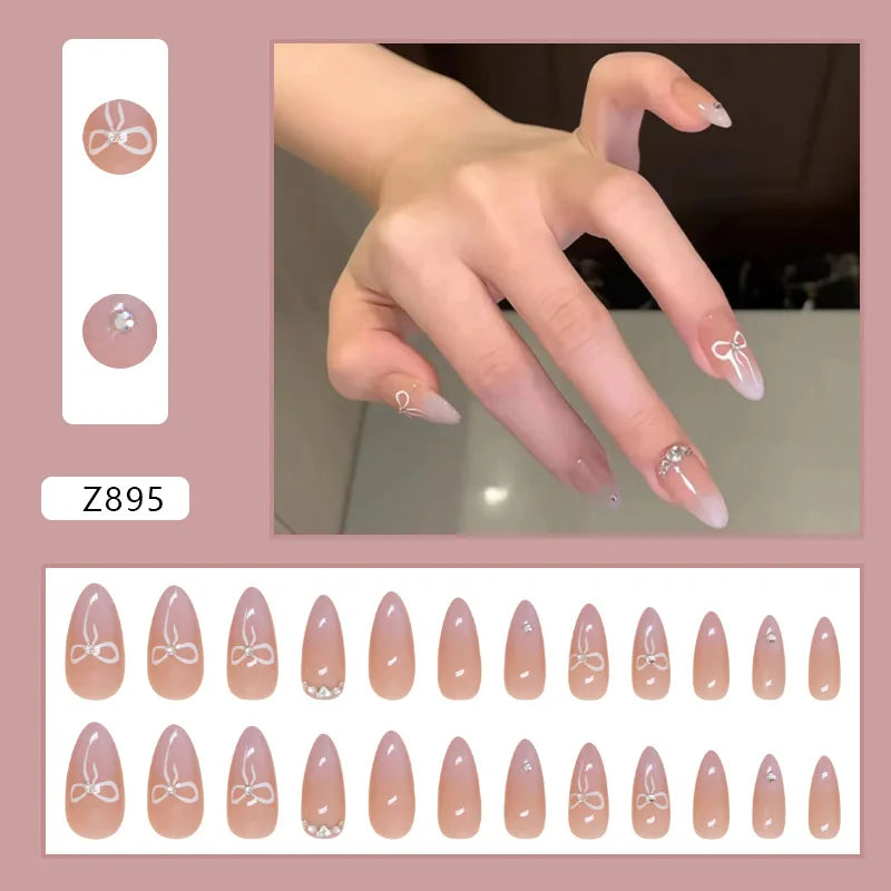 Ddbos 24pcs/set French Strawberry Butterfly Cat Eye Press on Nails Fake Nails Manicure Detachable Nail Tips Oval False Nails Full Set