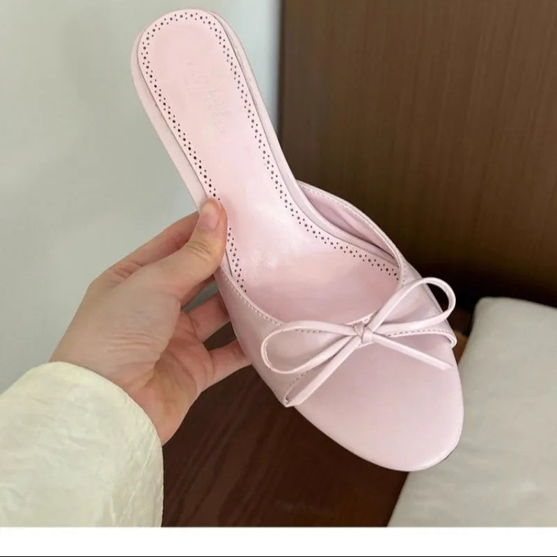 Ddbos 2024 New Arrivals Summer Pink Butterfly-knot Woman Slippers Elegance Stripper Thin Low Heels Ladies Mules Slides Shoes