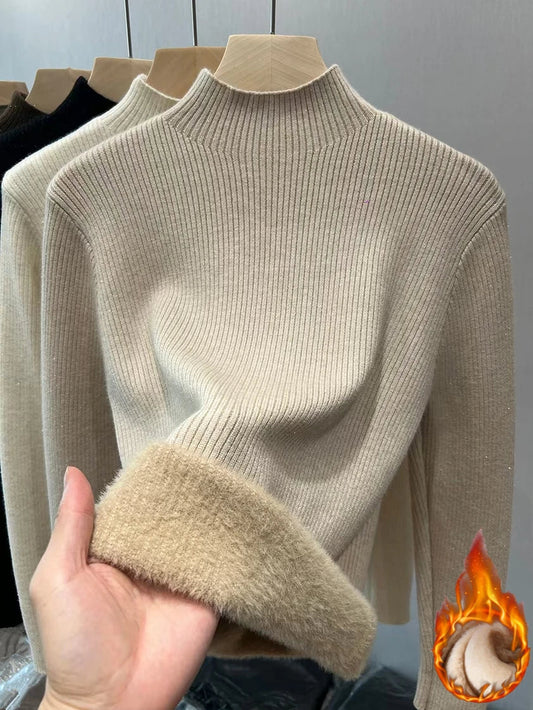 Ddbos Turtleneck Winter Sweater Women Elegant Thicken Velvet Lined Warm Sueter Knitted Pullover Slim Tops Jersey Knitwear Jumper New