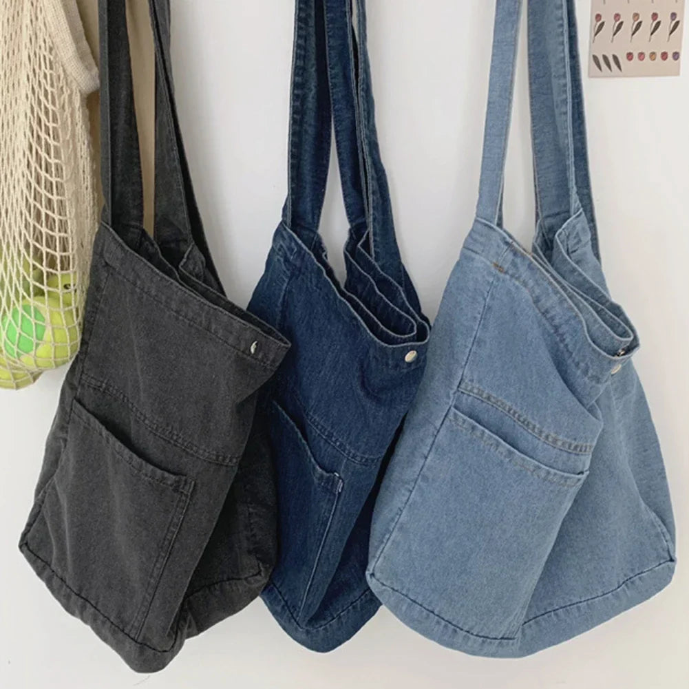 BACK TO SCHOOL Unisex Vintage Tote Bag Large Capacity Foldable Satchel Bag Versatile Jeans Top Handle Bag Casual Reusable Grocery Bag