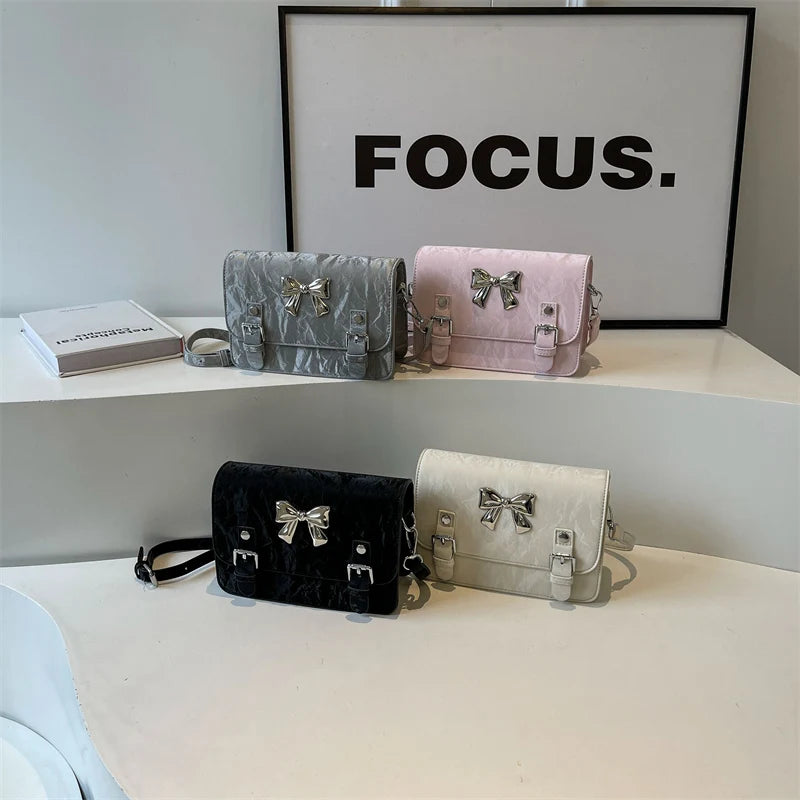 Ddbos Bow Small Crossbody Bags for Women 2024 Korean Fashion Silver PU Leather Shoulder Bag Underarm Bags Handbags and Purses