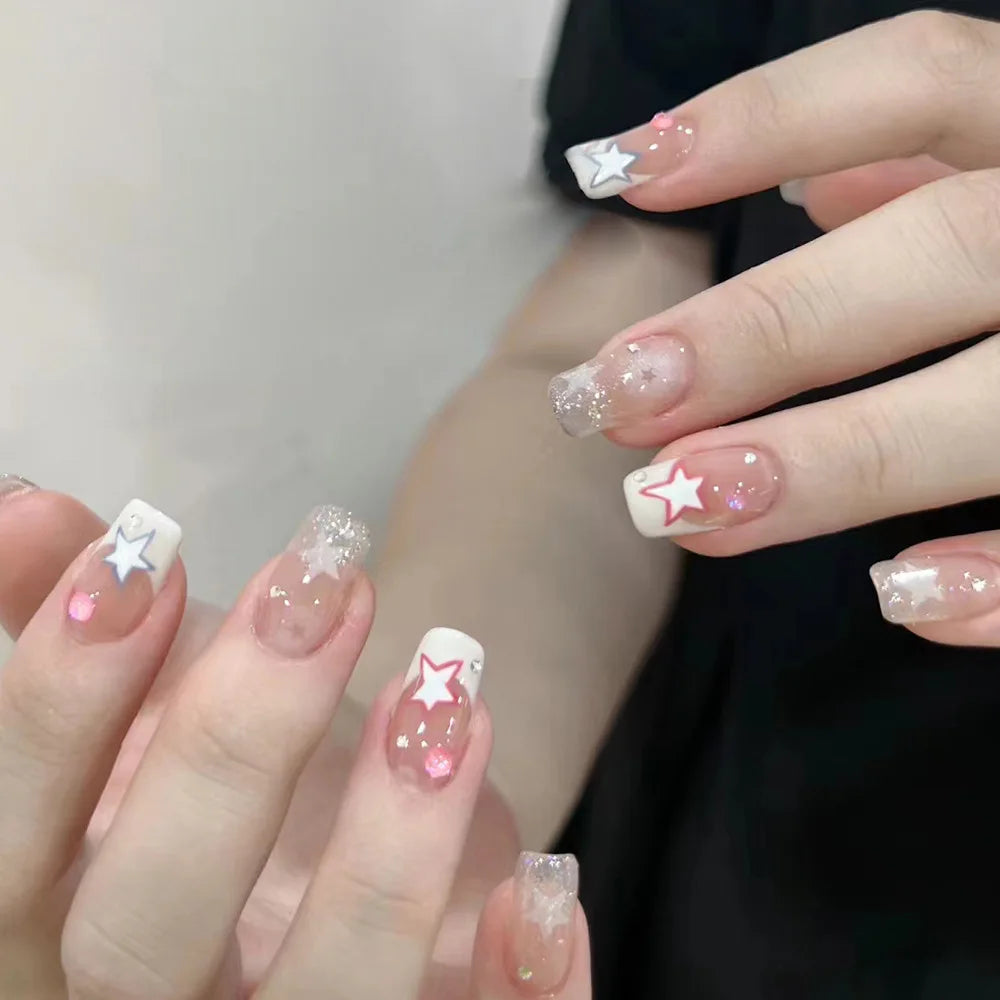 Ddbos Korean Sweet Girl False Nails y2k Pink Five-pointed Star Printed Fake Nails Short Cute White Edge Artificial Nail Patch 24pcs