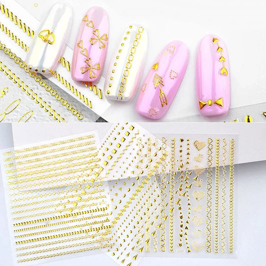 1 Sheet Gold Metal Chains Nail Stickers Mix Wave Heart Bow 3d Golden Metallic Adhesive Sticker DIY Manicure Nail Art Decorations