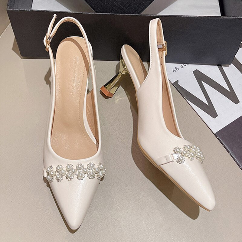 Ddbos String Bead Slingback Pumps Women Crystal High Heels Party Shoes Woman Summer New Gold Heel Pointed Toe Sandals Mujer